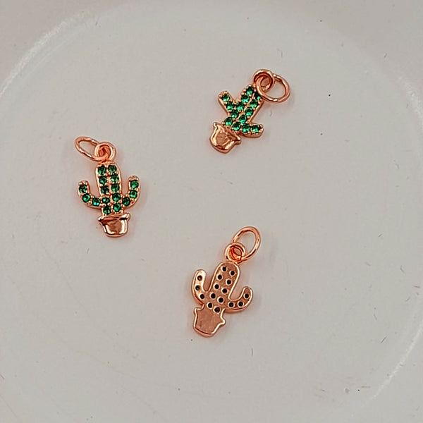 Charm - Rose Gold Cactus With Green Cubic Zirconia