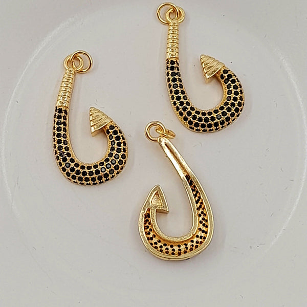 Pendant - Gold Hook With Black Cubic Zirconias