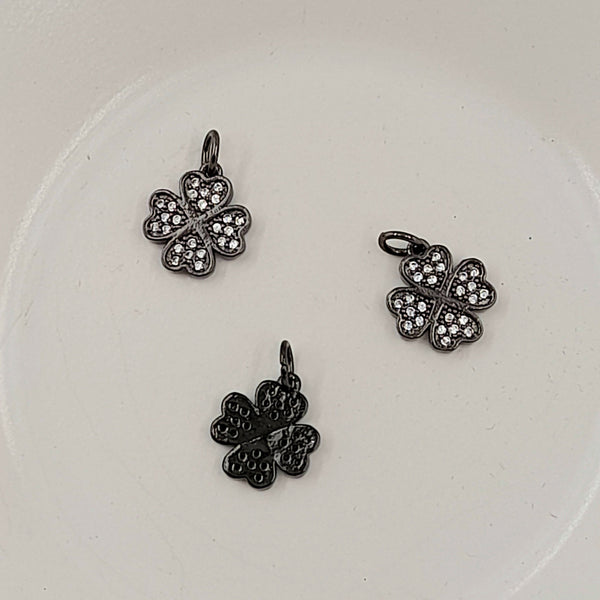 Charm - Gunmetal Four-Leaf Clover With Cubic Zirconias