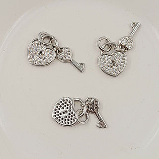 Charm - Silver Heart Lock & Key With Cubic Zirconias