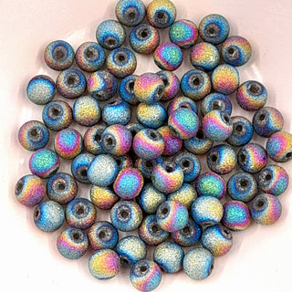 8mm Matte Electroplated Glass Round Bead Textured Sparkle Rainbow AB