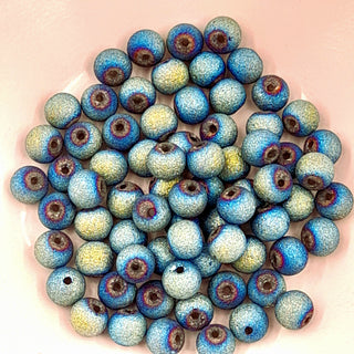 8mm Electroplated Glass Round Bead Textured Blue/Gold Sparkle
