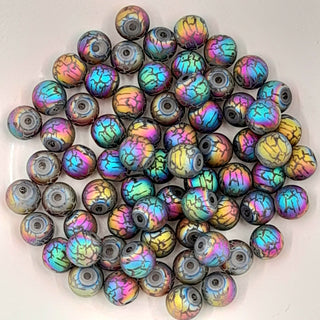 8mm Matte Electroplated Glass Round Bead Squiggle Pattern Rainbow