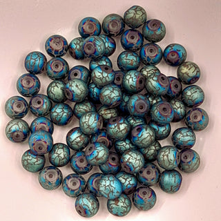 8mm Matte Electroplated Glass Round Bead Squiggle Pattern Blue Green