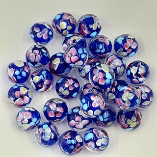 Lampwork Round Glass Bead Dark Blue Base With Pink Flowers 12mm
