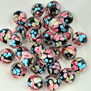Lampwork Round Glass Bead Black Base With Pink Flowers 12mm