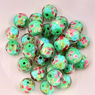 Lampwork Round Glass Bead Light Green Base With Pink Flowers 12mm