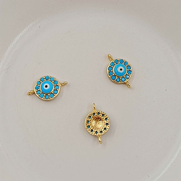 2-Hole Connector - Gold Evil Eye With Blue Enamel & Blue Cubic Zirconias