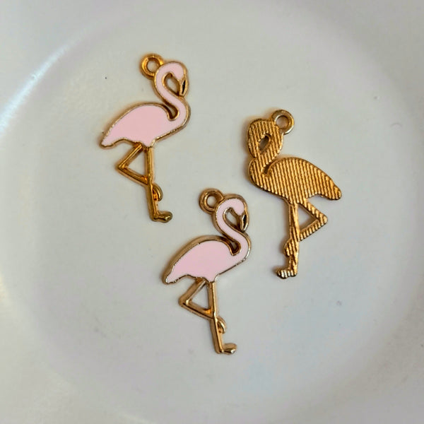 Charm-Gold & Pink Enamel Flamingo