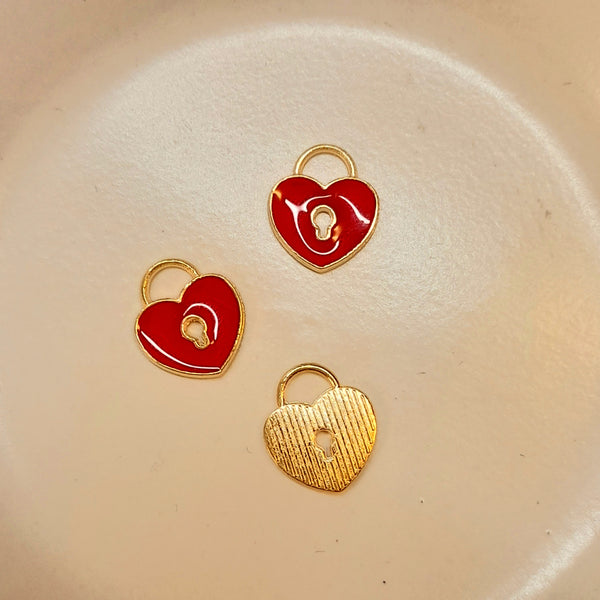 Charm-Gold & Red Enamel Heart Lock