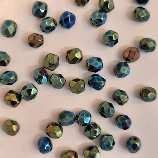 Czech Fire Polished 4mm Faceted Round Metallic Blue Green 20 Pack