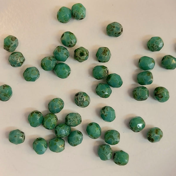 Czech Fire Polished 4mm Faceted Round Mottled Turquoise Green 20 Pack