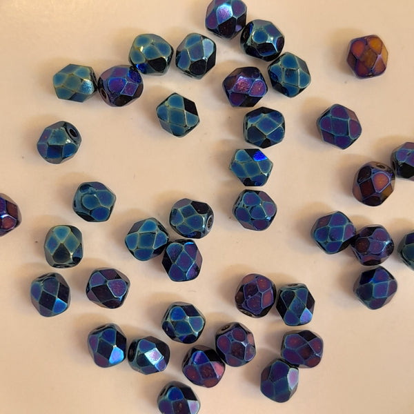 Czech Fire Polished 4mm Faceted Round Metallic Blue Purple 20 Pack