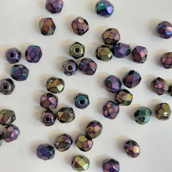 Czech Fire Polished 4mm Faceted Round Metallic Purple Green 20 Pack