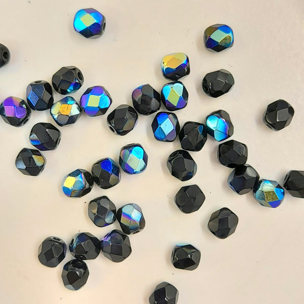 Czech Fire Polished 4mm Faceted Round Jet Black AB 20 Pack