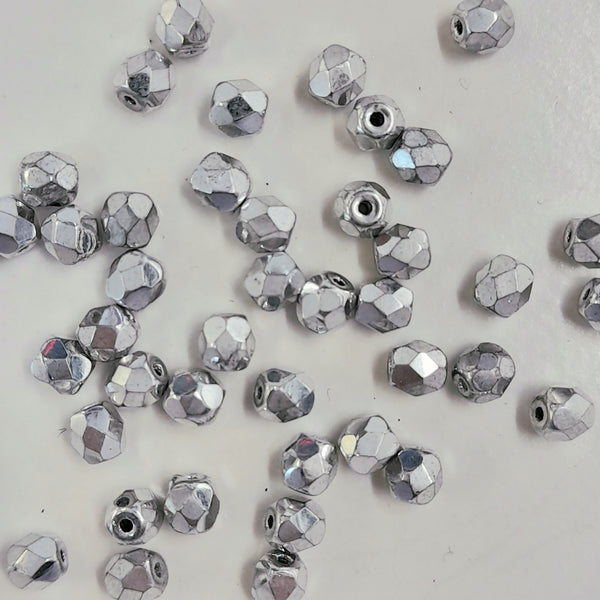 Czech Fire Polished 4mm Faceted Round Metallic Silver 20 Pack