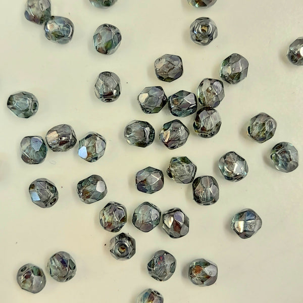 Czech Fire Polished 4mm Faceted Round Light Gunmetal AB 20 Pack