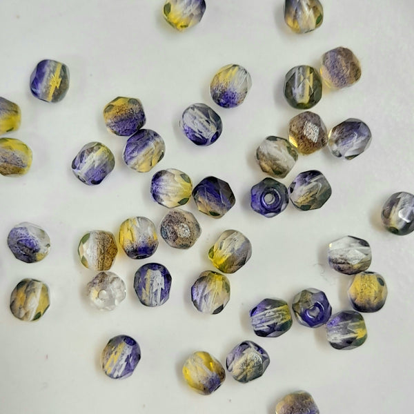 Czech Fire Polished 4mm Faceted Round Purple Yellow 20 Pack