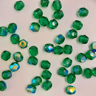 Czech Fire Polished 4mm Faceted Round Transparent Emerald Green AB 20 Pack