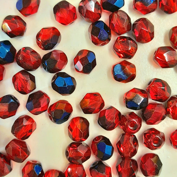 Czech Fire Polished 6mm Faceted Round Transparent Red Blue