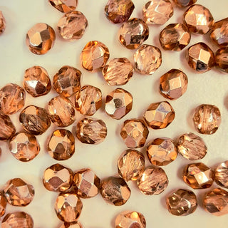 Czech Fire Polished 6mm Faceted Round Crystal Rose Gold