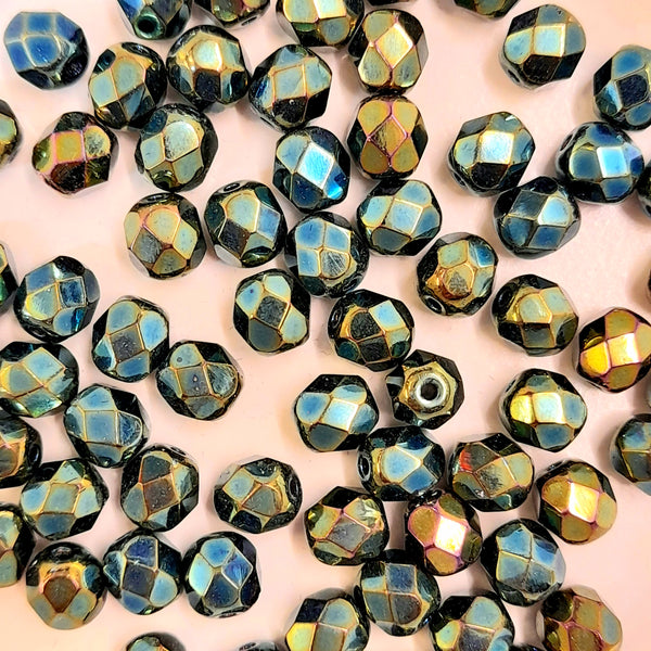 Czech Fire Polished 6mm Faceted Round Metallic Green Blue