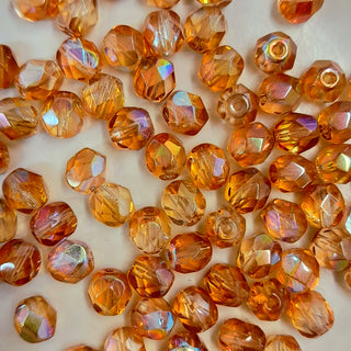Czech Fire Polished 6mm Faceted Round Transparent Light Orange AB