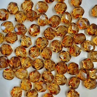 Czech Fire Polished 6mm Faceted Round Transparent Tortoiseshell Gold