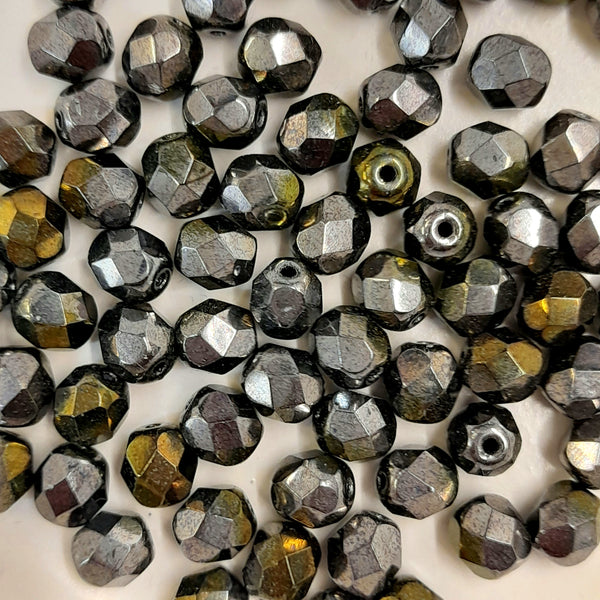Czech Fire Polished 6mm Faceted Round Gunmetal Gold AB