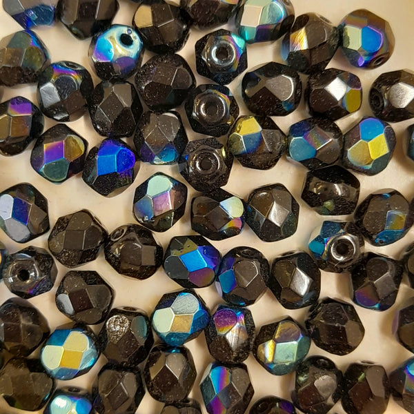 Czech Fire Polished 6mm Faceted Round Black AB