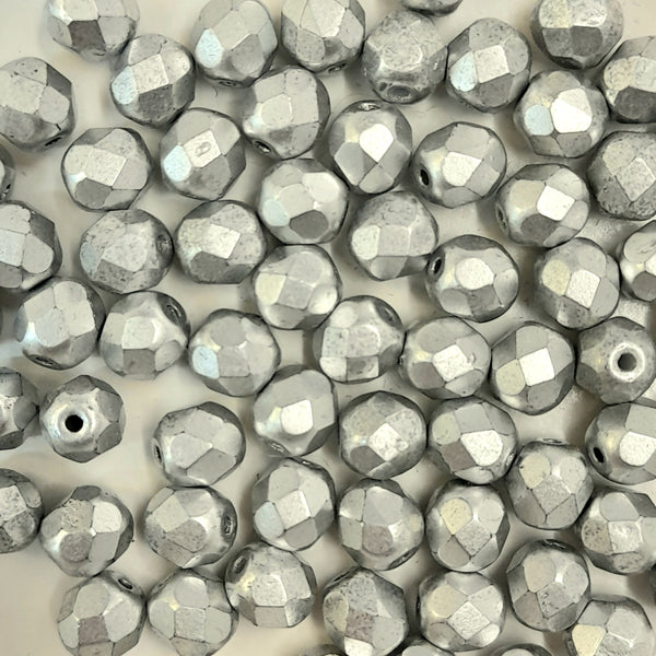 Czech Fire Polished 6mm Faceted Round Matte Opaque Silver