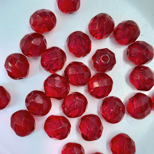 Czech Fire Polished 8mm Faceted Round Transparent Red