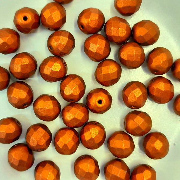 Czech Fire Polished 8mm Faceted Round Matte Opaque Metallic Copper