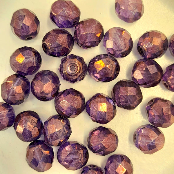 Czech Fire Polished 8mm Faceted Round Metallic Purple Copper AB
