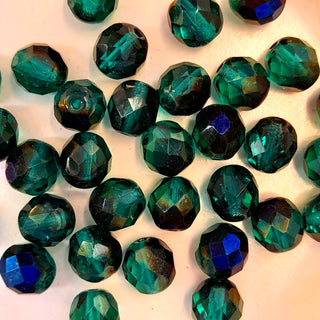 Czech Fire Polished 8mm Faceted Round Blue Emerald