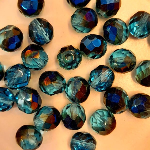 Czech Fire Polished 8mm Faceted Round Transparent Teal Blue AB
