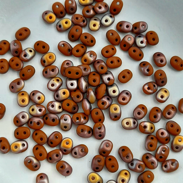 Czech Superduo Beads Opaque Chocolate Capri Gold Matte 7.5gm Bag