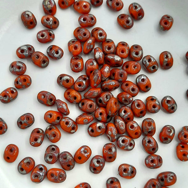 Czech Superduo Beads Opaque Orange Picasso 7.5gm Bag