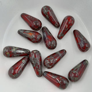 Czech Glass 9x20mm Teardrop Ruby Red With Picasso Finish