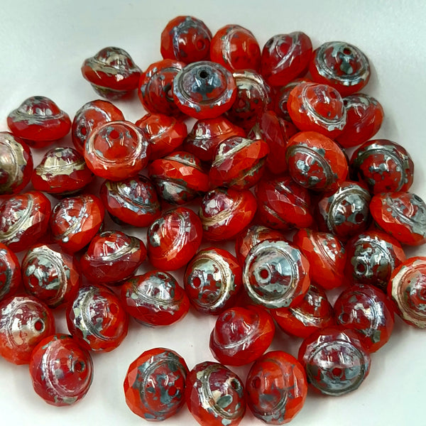 Czech Glass 8x10mm Saturn Scarlet Red With Silver Picasso Finish