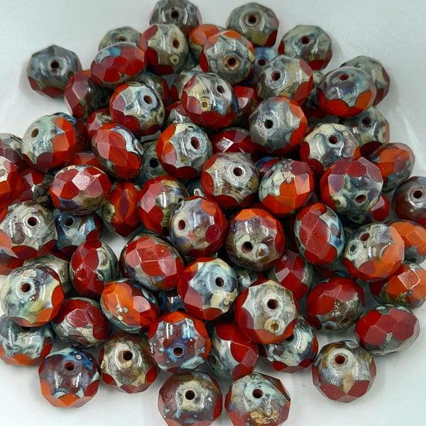 Czech Glass 6x8mm Rondelle Red Oxide & Burnt Orange With Picasso Finish