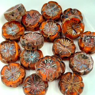 Czech Glass 14mm Hibiscus Flower Burnt Orange & Transparent Glass With Picasso Finish