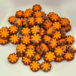 Czech Glass 9mm Cactus Flower Alloy Orange With Picasso Finish
