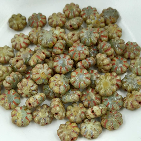 Czech Glass 9mm Cactus Flower Artichoke Green With Picasso Finish