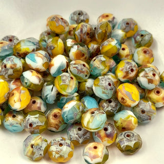 Czech Glass 6x8mm Rondelle Yellow, Sky Blue, & White With Picasso Finish