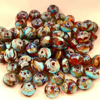 Czech Glass 6x8mm Rondelle Sky Blue & Honey With Picasso Finish