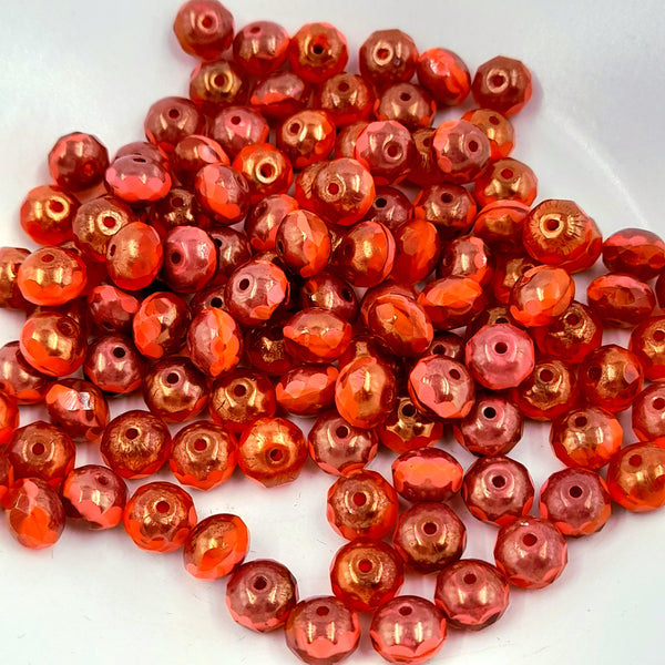 Czech Glass 5x7mm Rondelle Ladybug Red & Coral With Picasso Finish