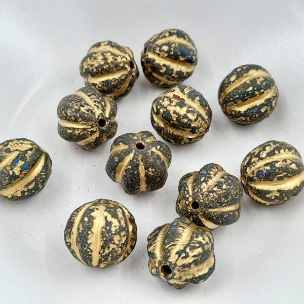 Czech Glass 14mm Melon Army Green With Picasso Finish & Gold Wash