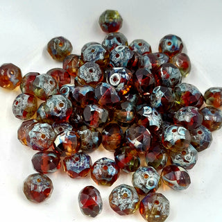 Czech Glass 6x8mm Rondelle Transparent Crimson & Yellow With Picasso Finish