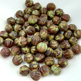 Czech Glass 8mm Melon Dark Amber & Sage With Picasso Finish